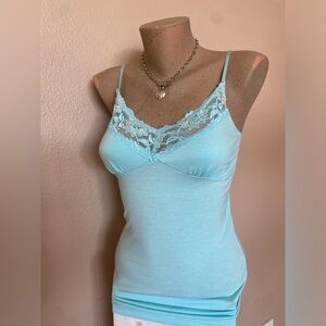Y2k Baby Blue Lace Trim Cami with Sequins